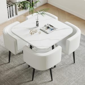 Modern Wooden Small Square Kitchen Dining Table with 4 Faux Leather Chairs